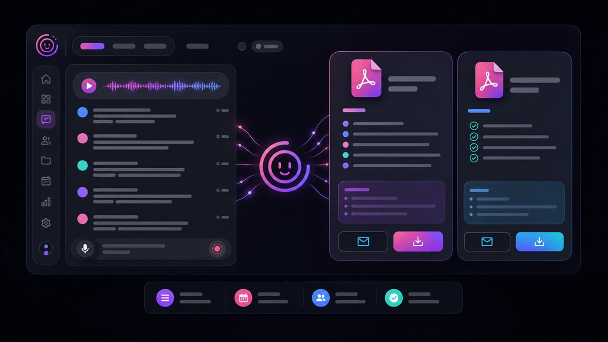 Custom illustration of MoodLens AI call summaries with full and personal PDF recaps