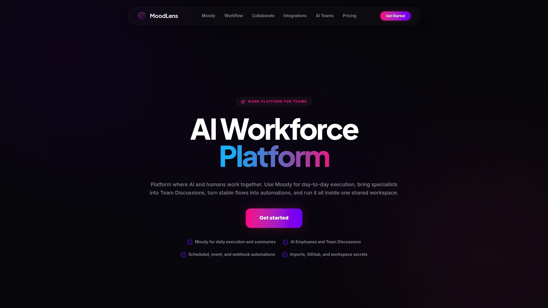 MoodLens AI workforce platform screenshot for team collaboration