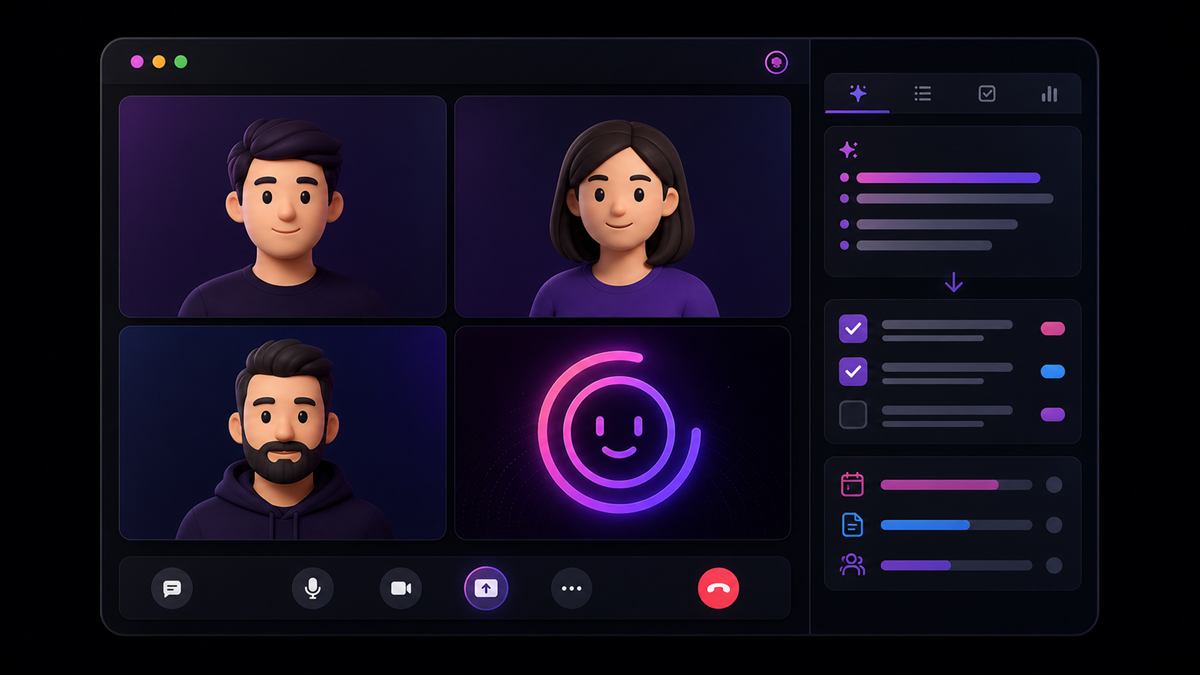 Custom illustration of Moody as a real-time AI meeting assistant inside a MoodLens call