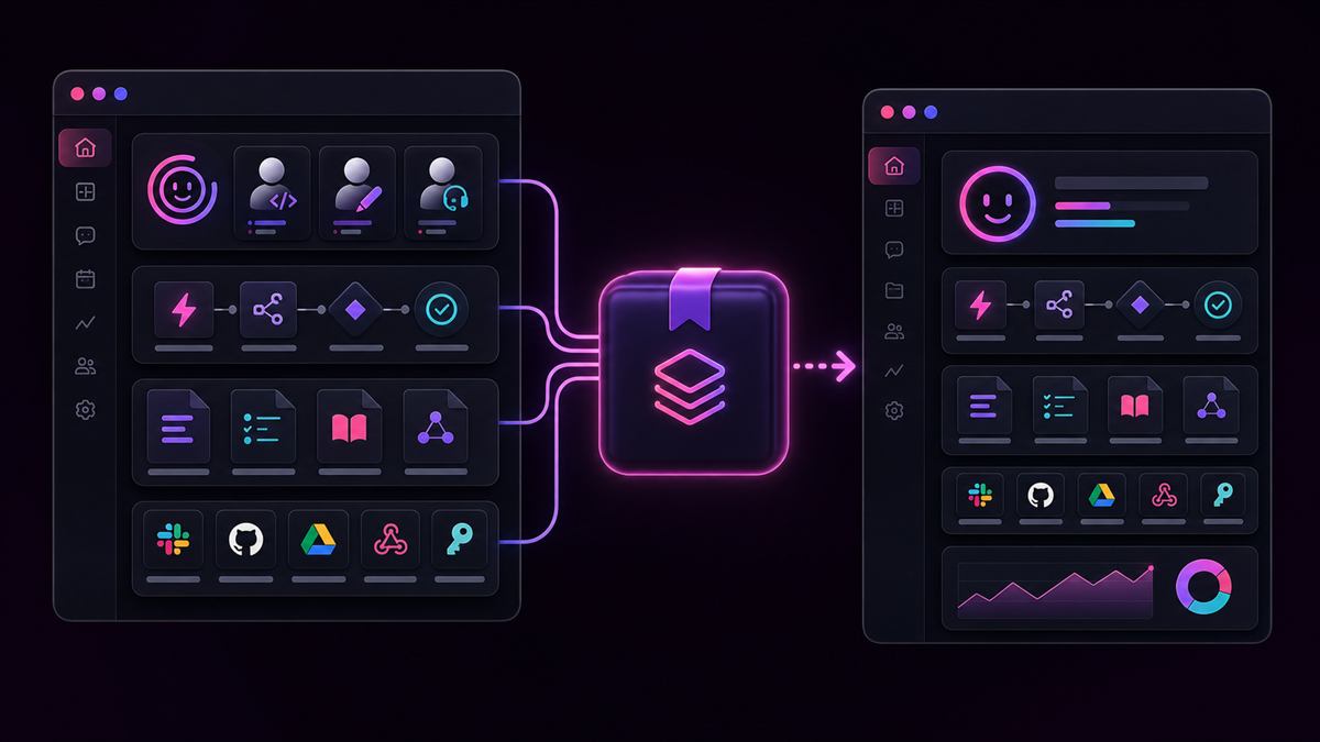 Custom illustration of MoodLens System Packs packaging AI Employees automations and playbooks