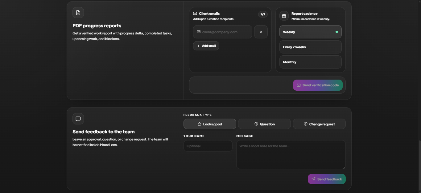 MoodLens Client Share scheduled PDF reports and client feedback form