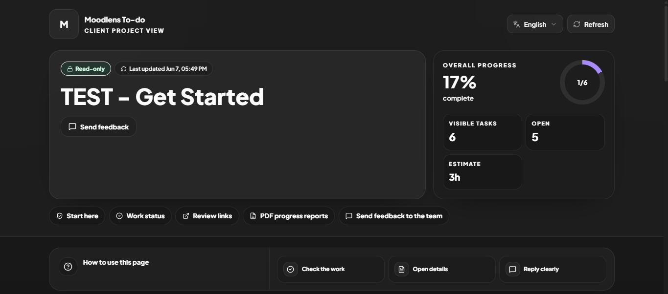 MoodLens Client Share client portal overview for agency project progress