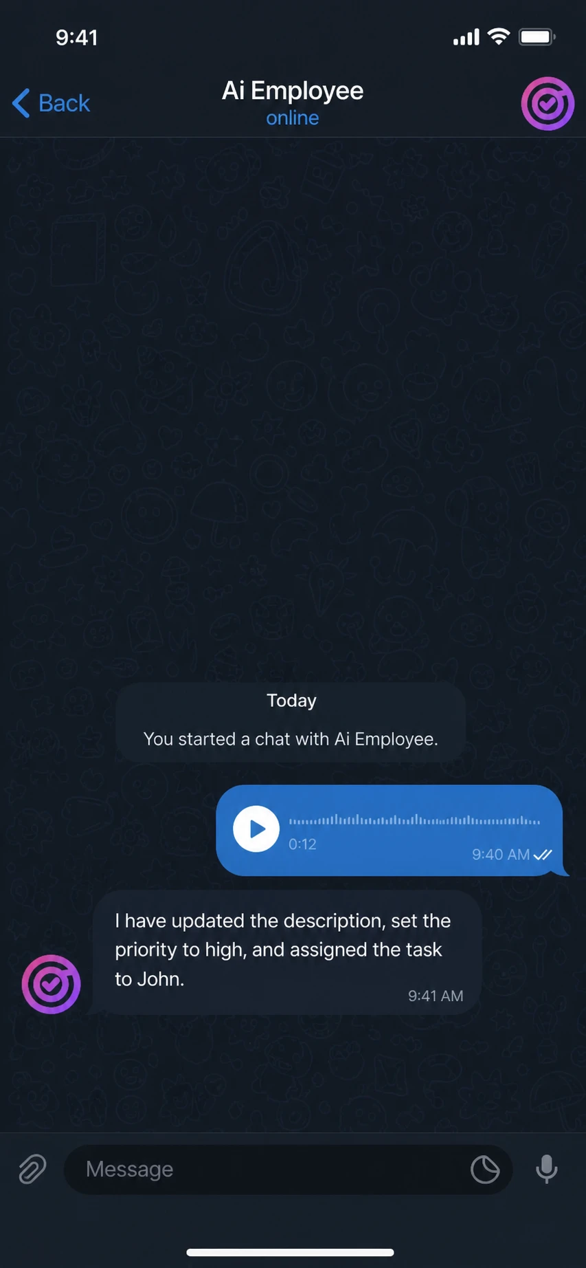 Dark mode chat where a MoodLens AI Employee confirms a task update from a voice message