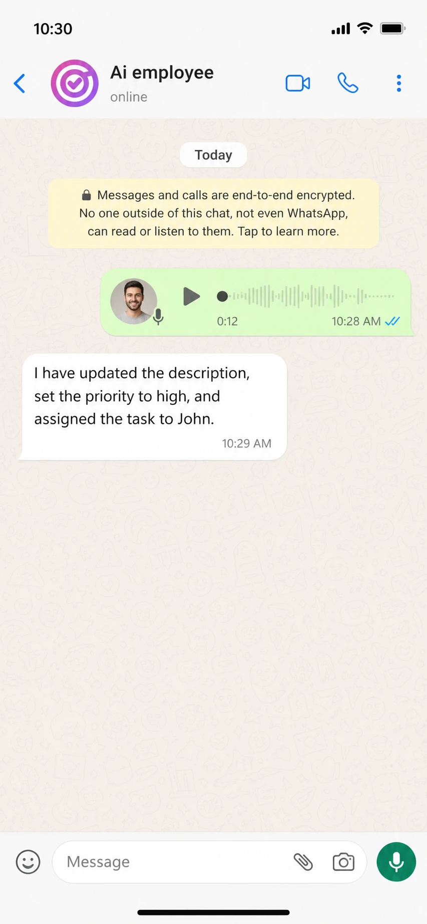 Light mode chat where a MoodLens AI Employee updates priority and assignment