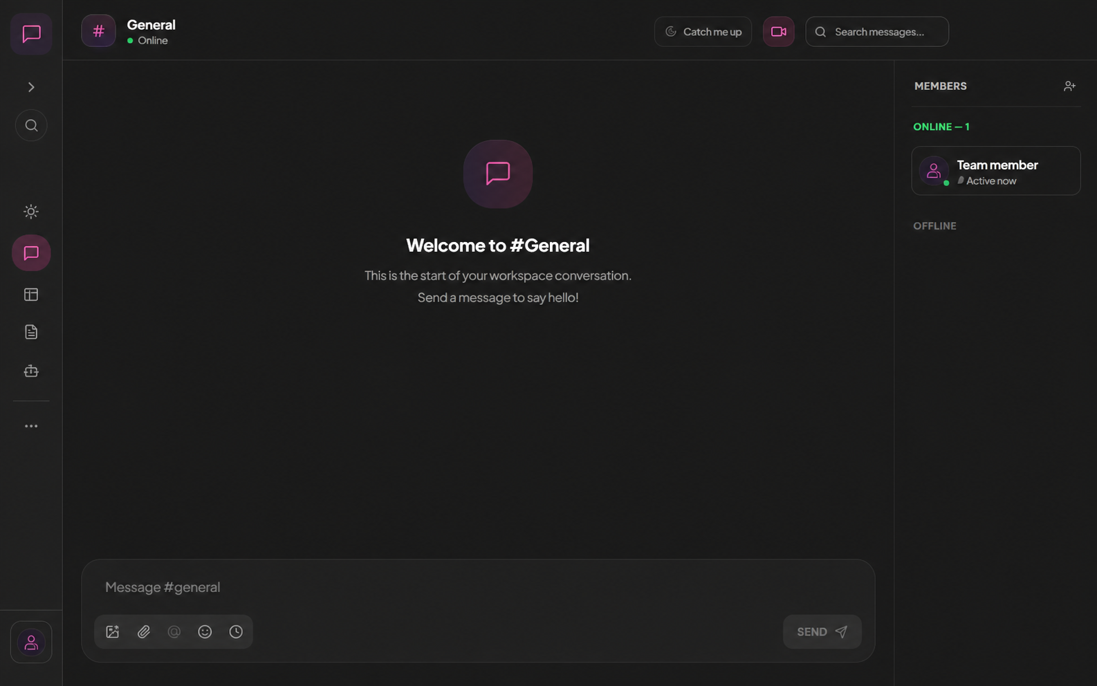 MoodLens team chat with a shared General workspace channel